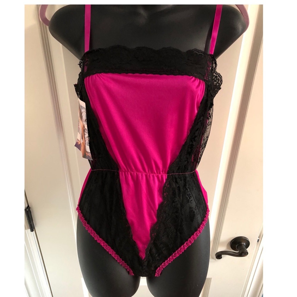 Hot pink black lace bodysuit lingerie vintage